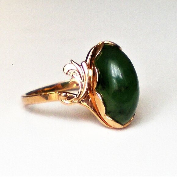 Vintage Russian Russia 14K 583 Rose Pink Gold Green Nephrite Jade Bypass Ring - Picture 2 of 9